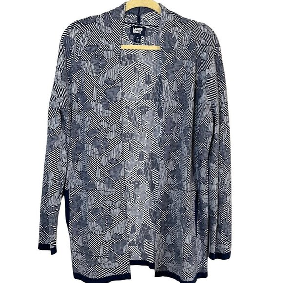 Lands End Coastal Floral Sweater M Blue Cardigan Striped Old Money Classic Artsy - Picture 1 of 12